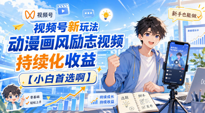 视频号新玩法动漫画风励志视频,持续化收益【小白首选啊】-皮皮网创