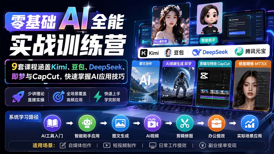 零基础AI全能实战训练营：9套课程涵盖Kimi、豆包、DeepSeek、即梦与CapCut，快速掌握AI应用技巧-皮皮网创