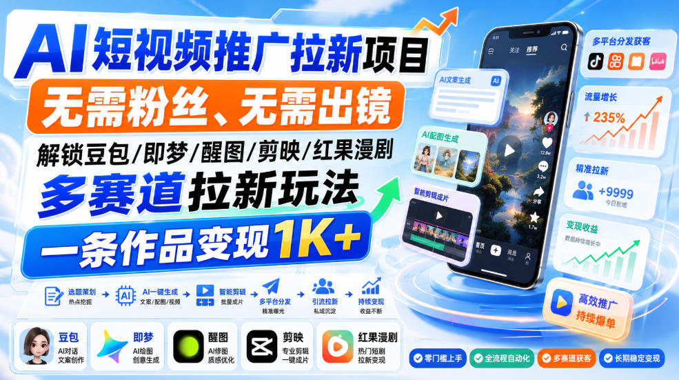 AI短视频推广拉新项目，无需粉丝、无需出镜，解锁豆包/即梦/醒图/剪映/红果漫剧多赛道拉新玩法，一条作品变现1K+-皮皮网创