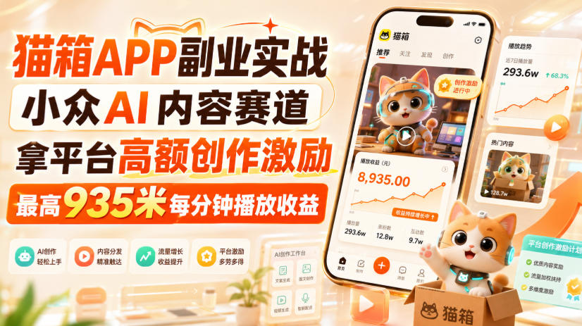 猫箱APP副业实战，小众AI内容赛道，拿平台高额创作激励，最高935米每分钟播放收益-皮皮网创