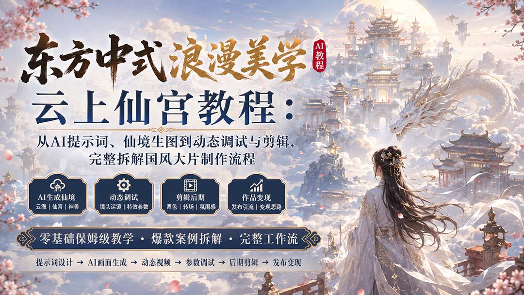 东方中式浪漫美学云上仙宫教程:从AI提示词、仙境生图到动态调试与剪辑,完整拆解国风大片制作流程-皮皮网创