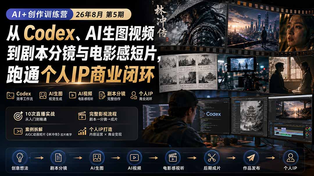 AI+创作训练营26年8月第5期：从Codex、AI生图视频到剧本分镜与电影感短片，跑通个人IP商业闭环-皮皮网创