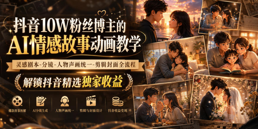 抖音10W粉丝博主的AI情感故事动画教学,灵感剧本‑分镜‑人物声画统一‑剪辑封面全流程,解锁抖音精选独家收益-皮皮网创
