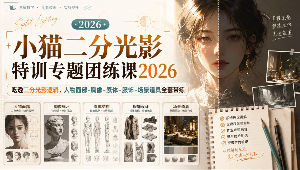 小猫二分光影特训专题团练课2026|吃透二分光影逻辑,人物面部‑胸像‑素体‑服饰‑场景道具全套带练,高清画质附赠课件与笔刷-皮皮网创