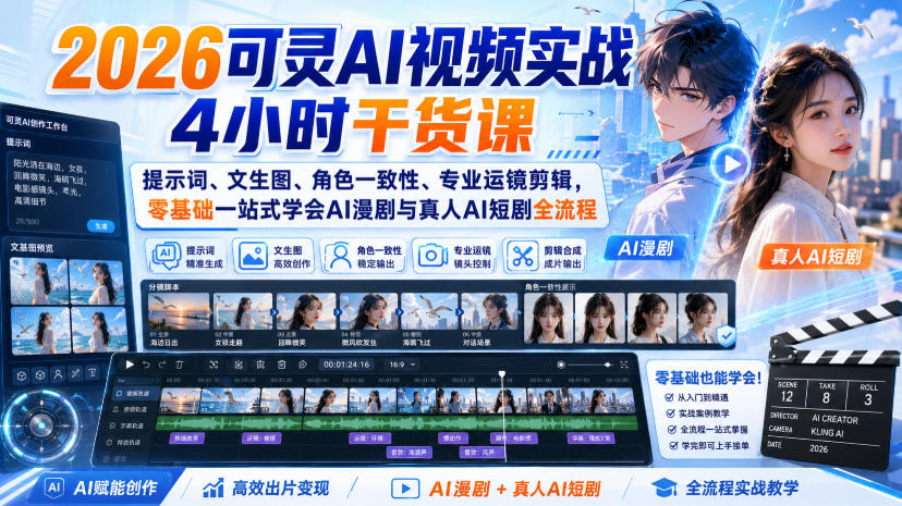2026可灵AI视频实战4小时干货课|提示词、文生图、角色一致性、专业运镜剪辑,零基础一站式学会AI漫剧与真人AI短剧全流程-皮皮网创