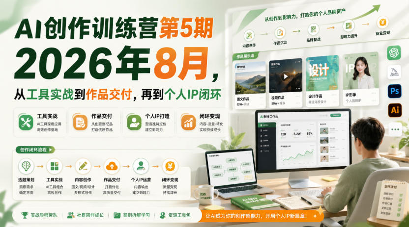 AI创作训练营第5期2026年8月,从工具实战到作品交付,再到个人IP闭环-皮皮网创