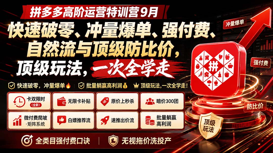 拼多多高阶运营特训营9月:快速破零、冲量爆单、强付费、自然流与顶级防比价, 顶级玩法,一次全学走-皮皮网创