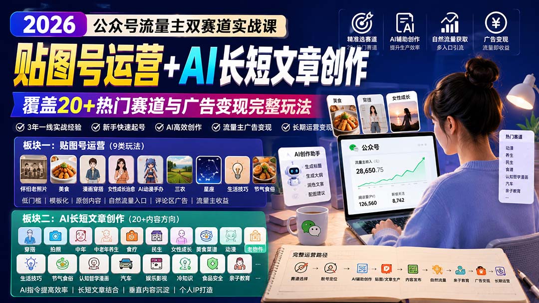 公众号流量主双赛道实战课:贴图号运营+AI长短文章创作,覆盖20+热门赛道与广告变现完整玩法-皮皮网创