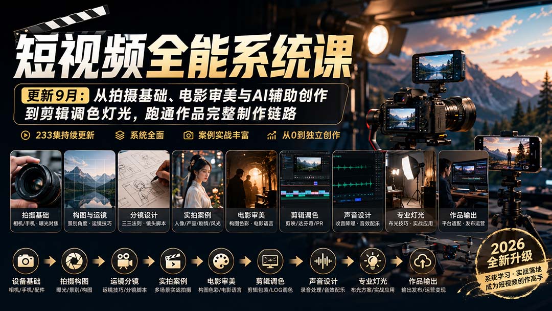 短视频全能系统课-更新8月233集：从拍摄基础、电影审美与AI辅助创作到剪辑调色灯光，跑通作品完整制作链路-皮皮网创