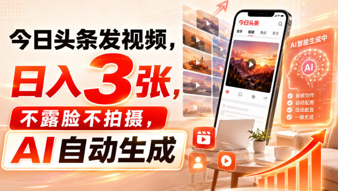 今日头条发视频,日入3张,不露脸不拍摄,AI自动生成-皮皮网创