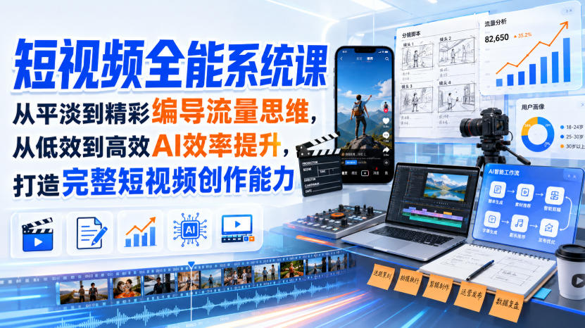 短视频全能系统课,从平淡到精彩编导流量思维,从低效到高效AI效率提升,打造完整短视频创作能力(2026年8月30更新233集)-皮皮网创