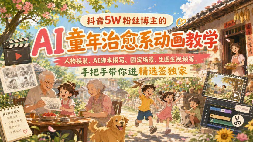 抖音5W粉丝博主的AI童年治愈系动画教学,人物换装、AI脚本撰写、固定场景、生图生视频等,手把手带你进精选签独家-皮皮网创