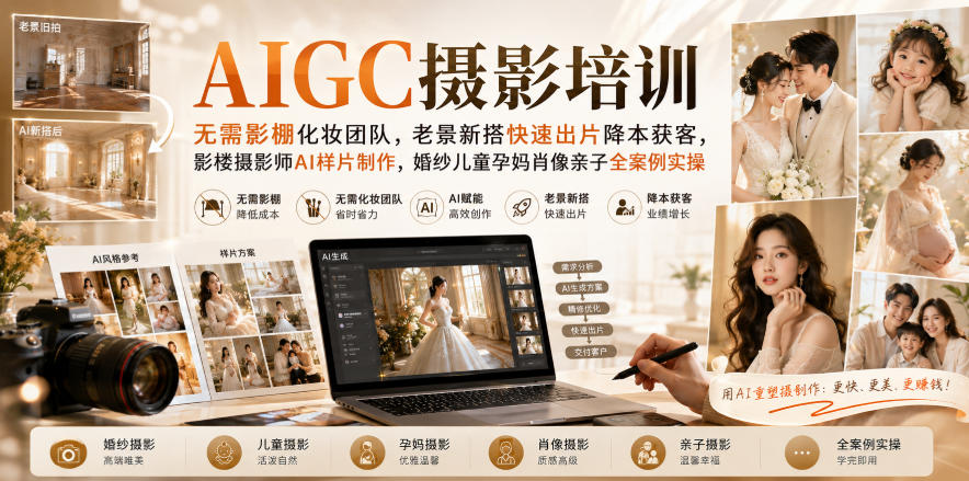 AIGC摄影培训|无需影棚化妆团队,老景新搭快速出片降本获客,影楼摄影师AI样片制作,婚纱儿童孕妈肖像亲子全案例实操-皮皮网创