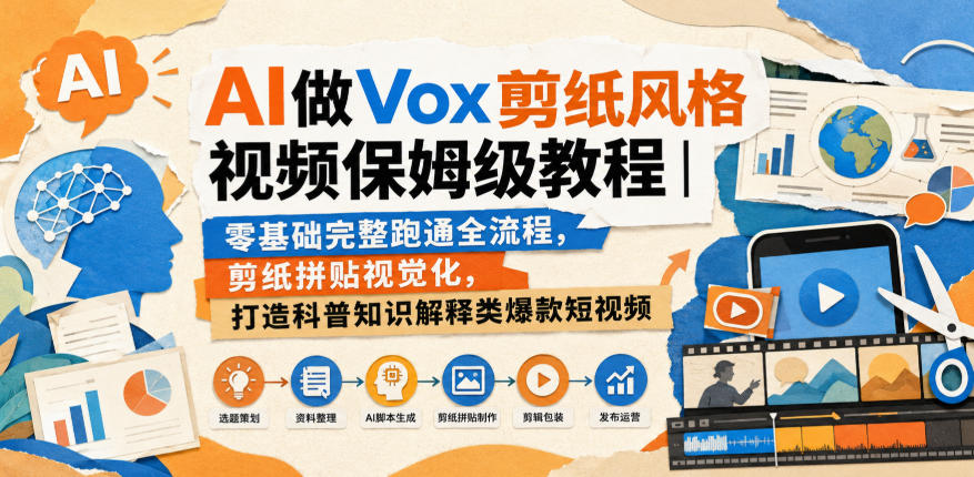 AI做Vox剪纸风格视频保姆级教程|零基础完整跑通全流程,剪纸拼贴视觉化,打造科普知识解释类爆款短视频-皮皮网创