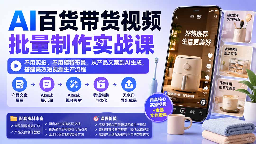 AI百货带货视频批量制作实战课:不用实拍、不用模特布景,从产品文案到AI生成,搭建高效短视频生产流程-皮皮网创
