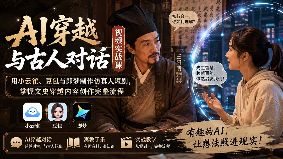 AI穿越与古人对话视频实战课:用小云雀、豆包与即梦制作仿真人短剧,掌握文史穿越内容创作完整流程-皮皮网创