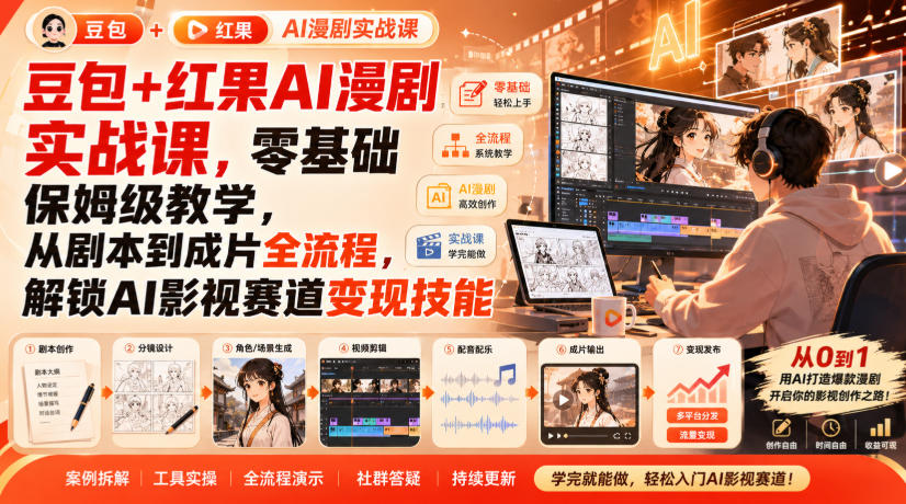 豆包+红果AI漫剧实战课,零基础保姆级教学,从剧本到成片全流程,解锁AI影视赛道变现技能-皮皮网创