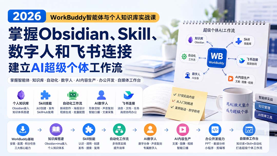 2026 WorkBuddy智能体与个人知识库实战课:掌握Obsidian、Skill、数字人和飞书连接,建立AI超级个体工作流-皮皮网创