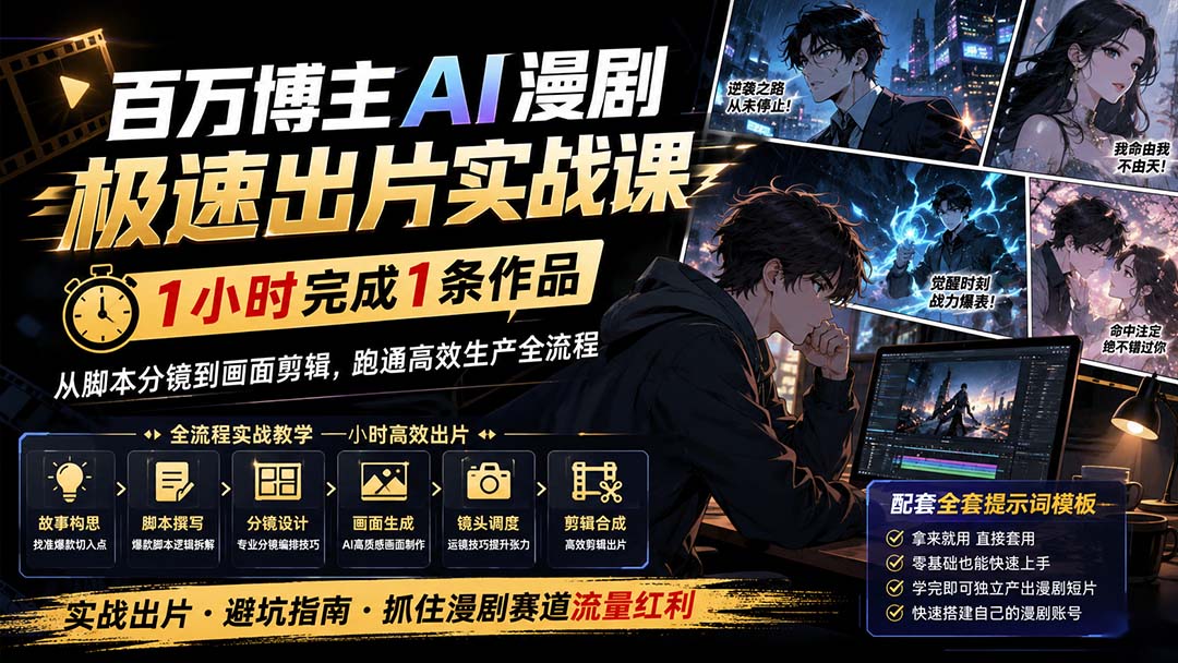 百万博主AI漫剧极速出片实战课：1小时产出条作品，从脚本分镜到画面剪辑，跑通高效生产全流程-皮皮网创