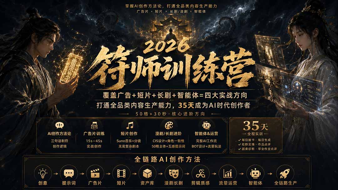 符师训练营-35天成为AI时代创作者,广告+短片+漫剧+智能体四大实战方向,掌握从创意到上线的完整工作流-皮皮网创