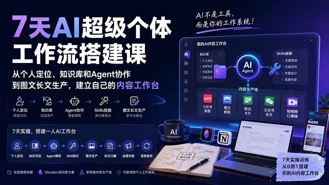 7天AI超级个体工作流搭建课：从个人定位、知识库和Agent协作到图文长文生产，建立自己的内容工作台-皮皮网创