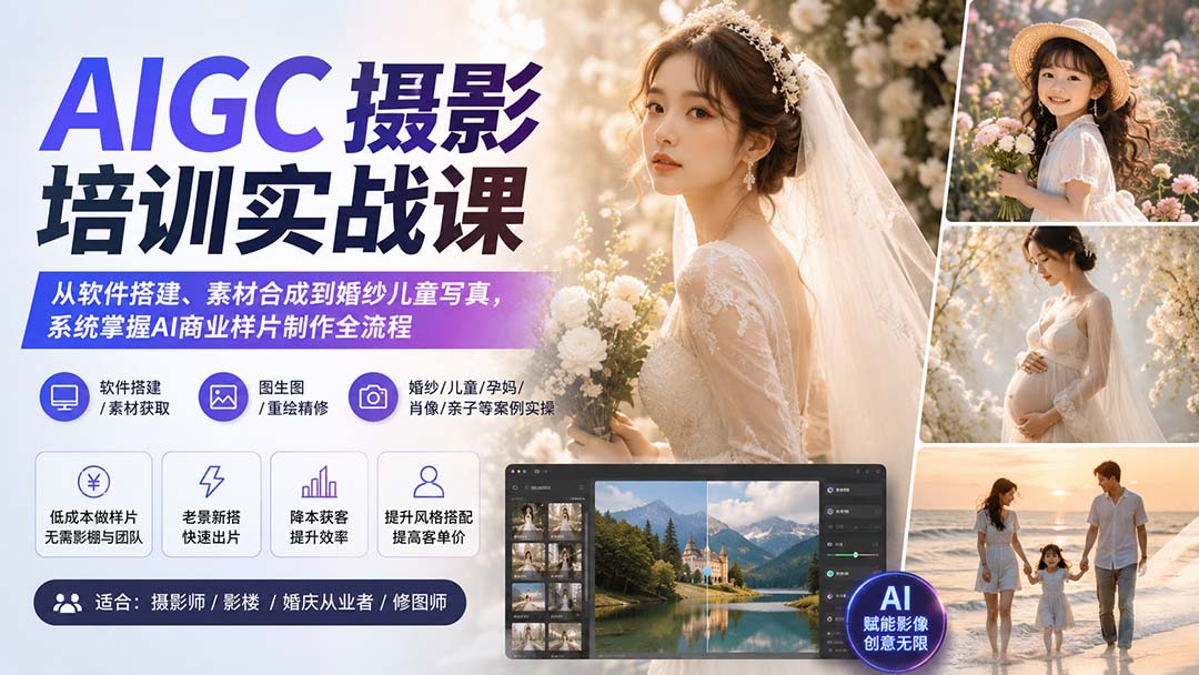 AIGC摄影培训实战课:从软件搭建、素材合成到婚纱儿童写真,系统掌握AI商业样片制作全流程-皮皮网创