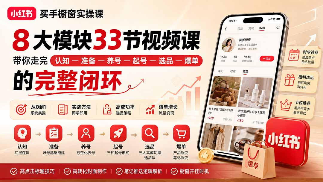 小红书买手橱窗实操课：8大模块33节视频课，带你走完”认知—准备—养号—起号—选品—爆单”的完整闭环-皮皮网创