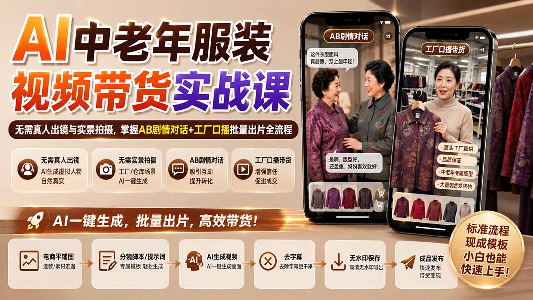 AI中老年服装视频带货实战课:无需真人出镜与实景拍摄,掌握AB剧情对话+工厂口播批量出片全流程-皮皮网创