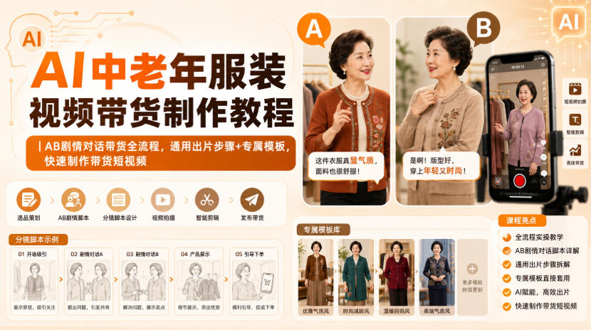 AI中老年服装视频带货制作教程｜AB剧情对话带货全流程，通用出片步骤+专属模板，快速制作带货短视频-皮皮网创