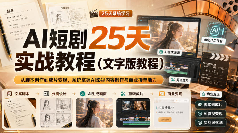 AI短剧25天实战教程(文字版教程),从脚本创作到成片变现,系统掌握AI影视内容制作与商业接单能力-皮皮网创