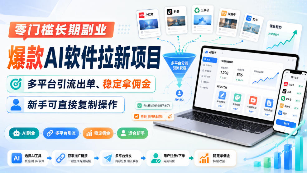 零门槛长期副业，爆款AI软件拉新项目，多平台引流出单、稳定拿佣金，新手可直接复制操作-皮皮网创