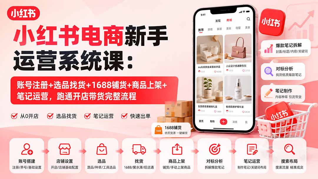 小红书电商新手运营系统课：账号注册+选品找货+1688铺货+商品上架+笔记运营，跑通开店带货完整流程-皮皮网创