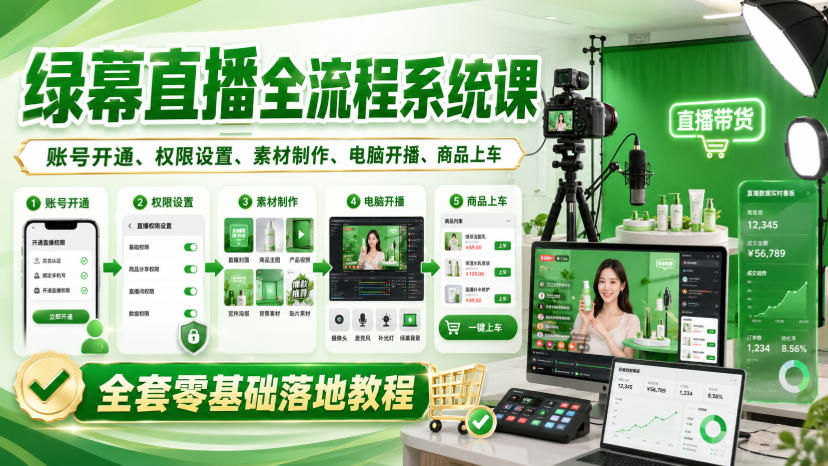 绿幕直播全流程系统课，账号开通、权限设置、素材制作、电脑开播、商品上车全套零基础落地教程-皮皮网创