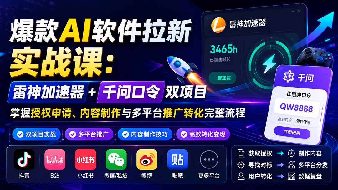 爆款AI软件拉新实战课：雷神加速器+千问口令双项目，掌握授权申请、内容制作与多平台推广转化完整流程-皮皮网创