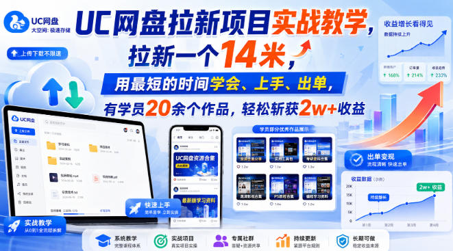 UC网盘拉新项目实战教学,拉新一个14米,用最短的时间学会、上手、出单,有学员20余个作品,轻松斩获2w+收益-皮皮网创