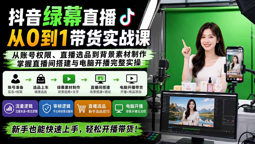 抖音绿幕直播从0到1带货实战课:从账号权限、直播选品到背景素材制作,掌握直播间搭建与电脑开播完整实操-皮皮网创