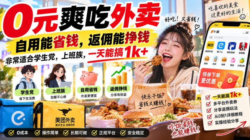 0元爽吃外卖,自用能省钱,返佣能挣钱,非常适合学生党,上班族,一天能搞1k+-皮皮网创