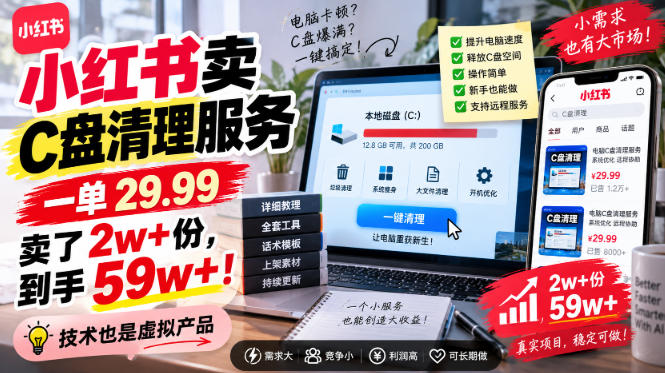 小红书卖C盘清理服务,一单29.99,卖了2w+份,技术也是虚拟产品-皮皮网创