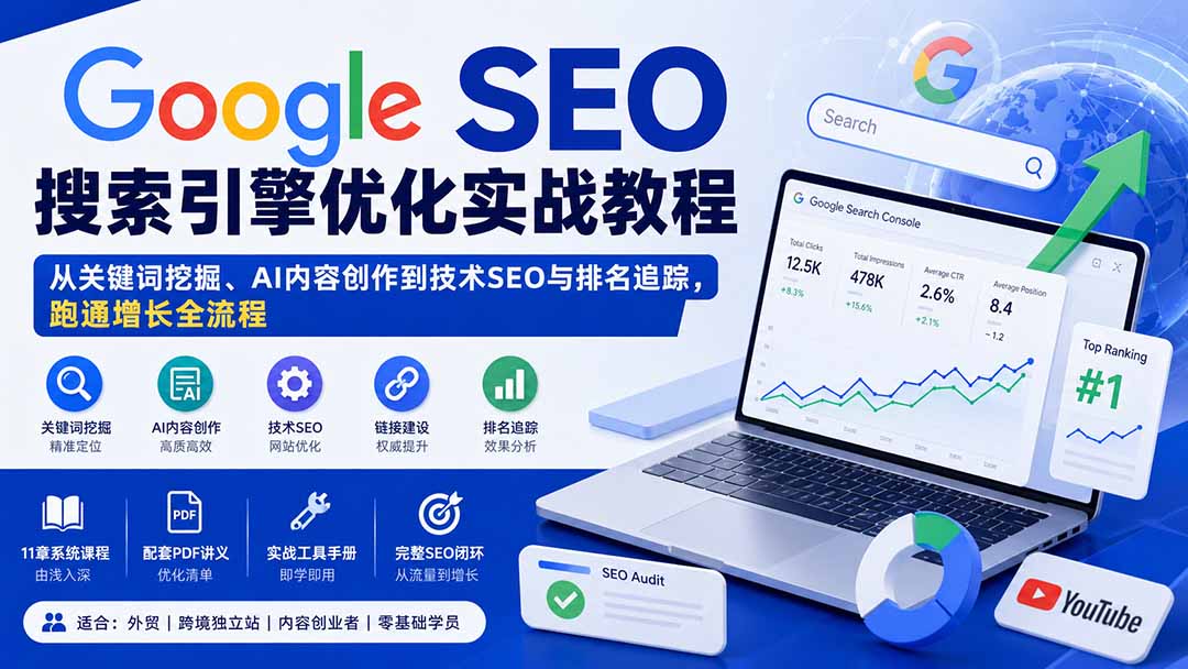 Google SEO搜索引擎优化实战教程:从关键词挖掘、AI内容创作到技术SEO与排名追踪,跑通增长全流程-皮皮网创