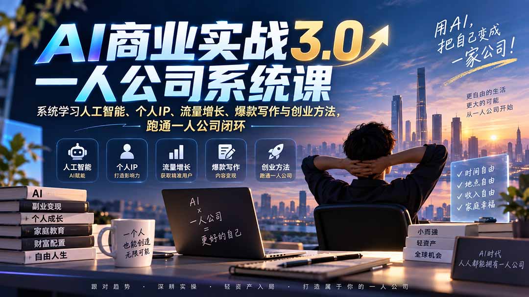 AI商业实战3.0一人公司系统课:系统学习人工智能、个人IP、流量增长、爆款写作与创业方法,跑通一人公司闭环-皮皮网创