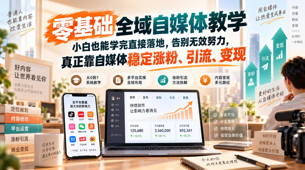 零基础全域自媒体教学，小白也能学完直接落地，告别无效努力，真正靠自媒体稳定涨粉、引流、变现-皮皮网创