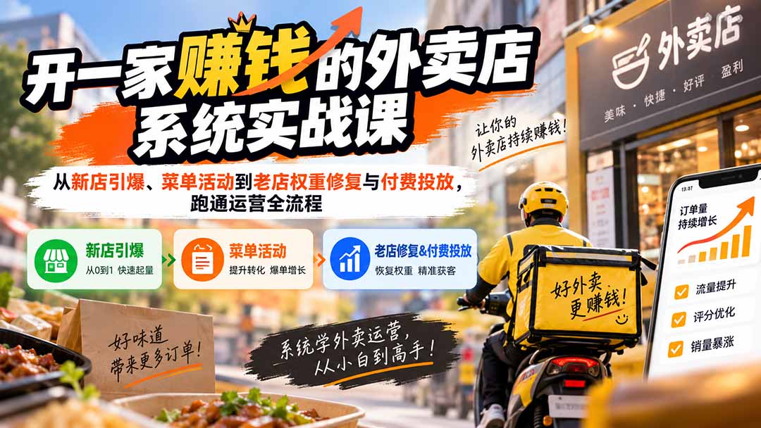 开一家赚钱的外卖店系统实战课:从新店引爆、菜单活动到老店权重修复与付费投放,跑通运营全流程-皮皮网创