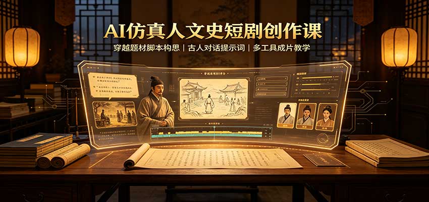AI仿真人文史短剧创作课：穿越题材脚本构思，古人对话提示词，多工具成片教学-皮皮网创