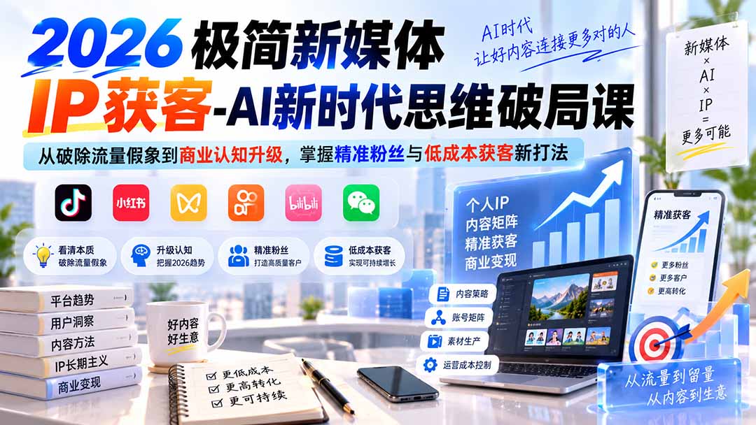 2026极简新媒体IP获客-AI新时代思维破局课:从破除流量假象到商业认知升级,掌握精准粉丝与低成本获客新打法-皮皮网创