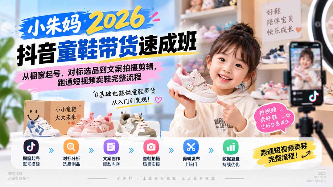 小朱妈2026抖音童鞋带货速成班:从橱窗起号、对标选品到文案拍摄剪辑,跑通短视频卖鞋完整流程-皮皮网创