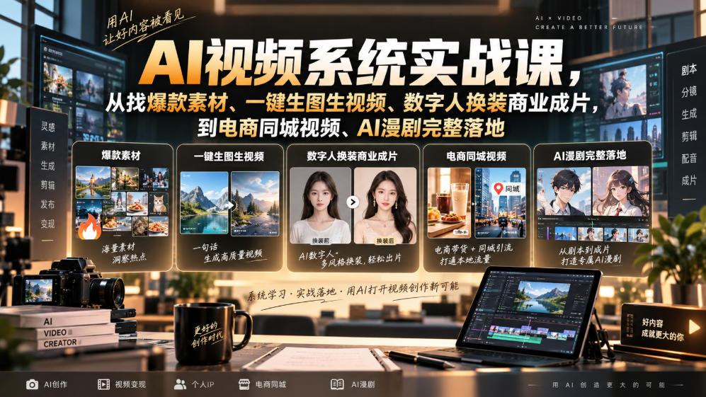 AI视频系统实战课，从找爆款素材、一键生图生视频、数字人换装商业成片，到电商同城视频、AI漫剧完整落地-皮皮网创