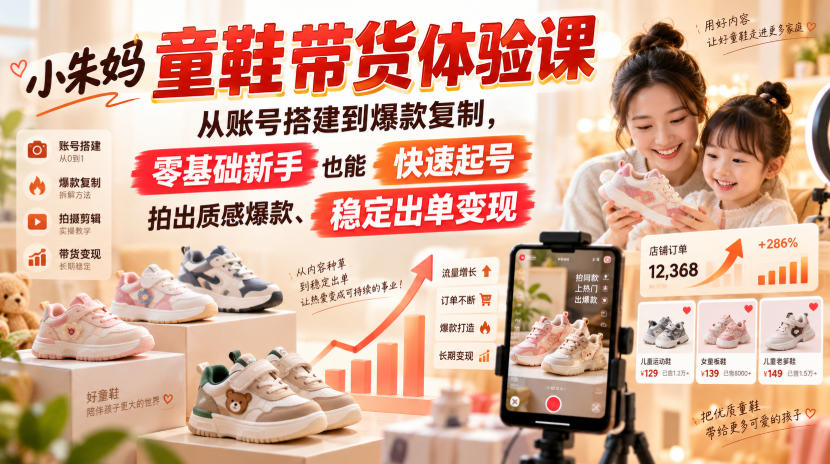 小朱妈童鞋带货体验课，从账号搭建到爆款复制，零基础新手也能快速起号、拍出质感爆款、稳定出单变现-皮皮网创