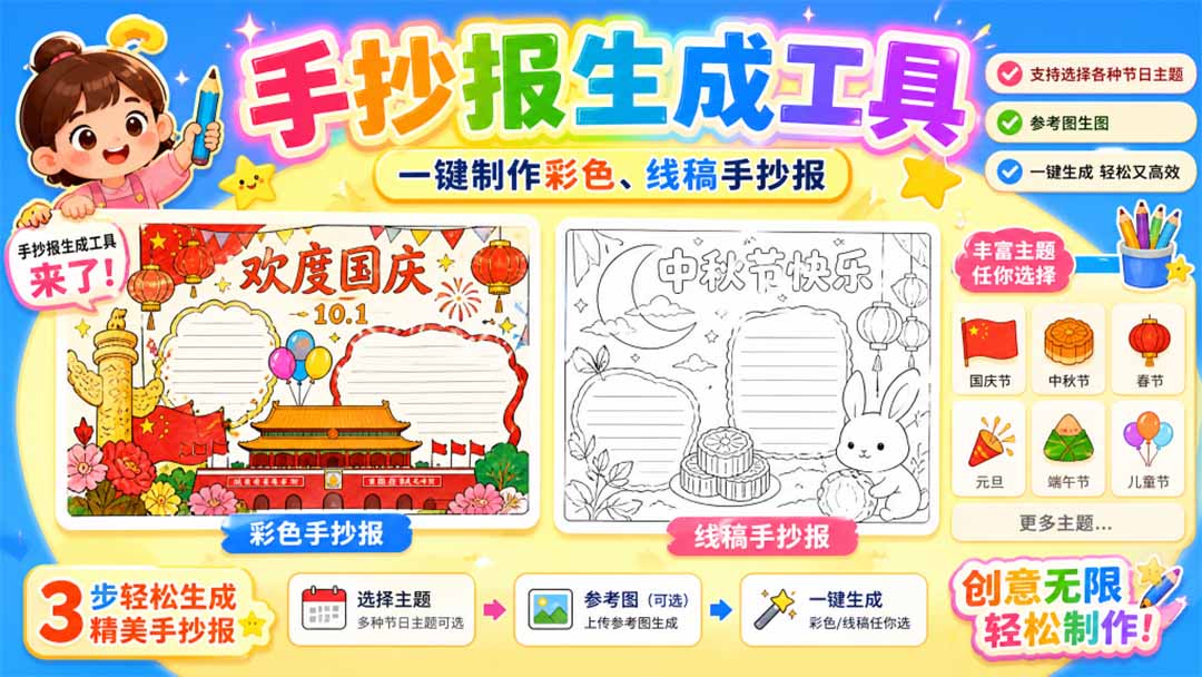 手抄报批量生成工具来了,完全免费,告别豆包生图,这个高清无水印-皮皮网创