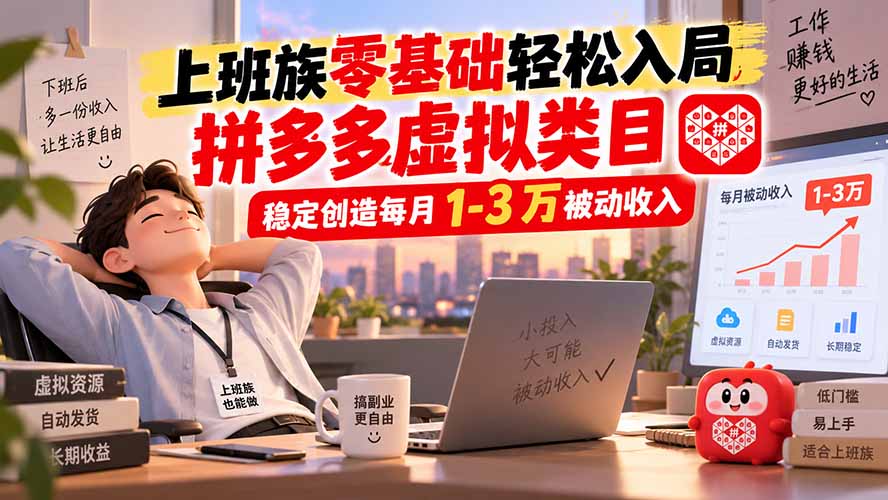 上班族零基础轻松入局，拼多多虚拟类目，稳定创造每月 1-3 万被动收入-皮皮网创