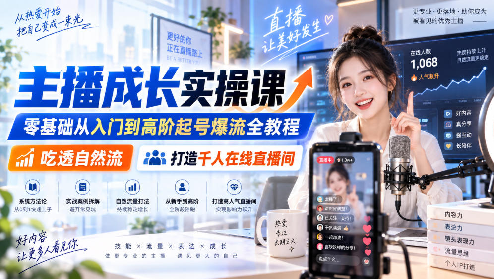 主播成长实操课｜零基础从入门到高阶起号爆流全教程，吃透自然流，打造千人在线直播间-皮皮网创